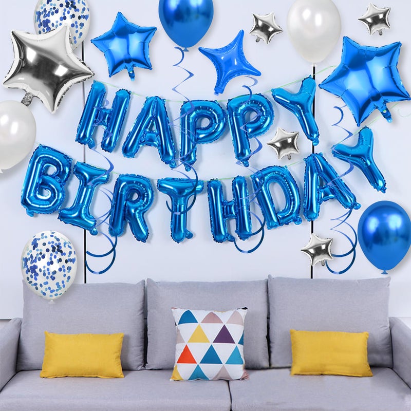 SPFYunion 56 قطعة من بالونات عيد الميلاد السعيد، لافتة عيد ميلاد سعيد، بالونات فضية وسوداء للأولاد والرجال والفتيات والنساء 16 و18 و20 و21 و25 و30 و40 و50 و60 من زخارف حفلات أعياد الميلاد (أزرق) - Image 4